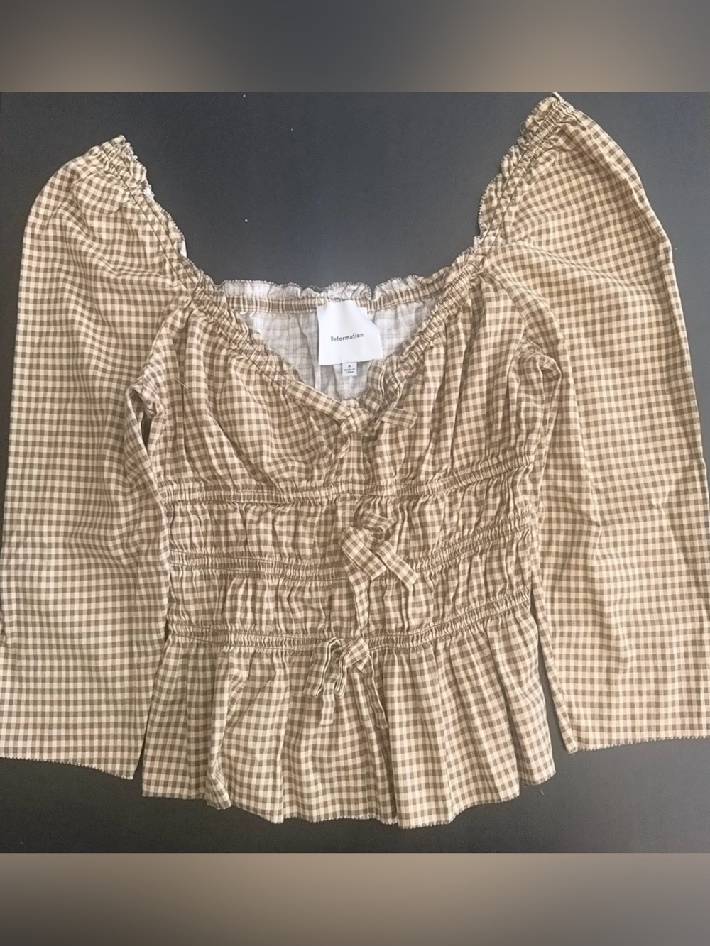 NWOT Reformation Lauryn Gingham Peplum Square-Neck Top in Beige - Picture 4 of 5